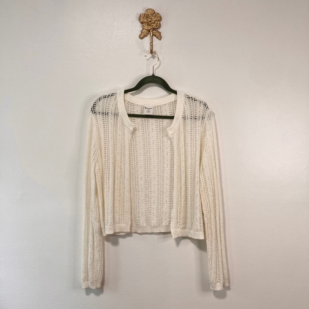 Fairycore Cream Pointelle Knit Open Front Cropped Cardigan L Boho Cottagecore